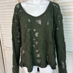 Free People Distressed Olive Long Sleeve Top Sweater Medium Oversized